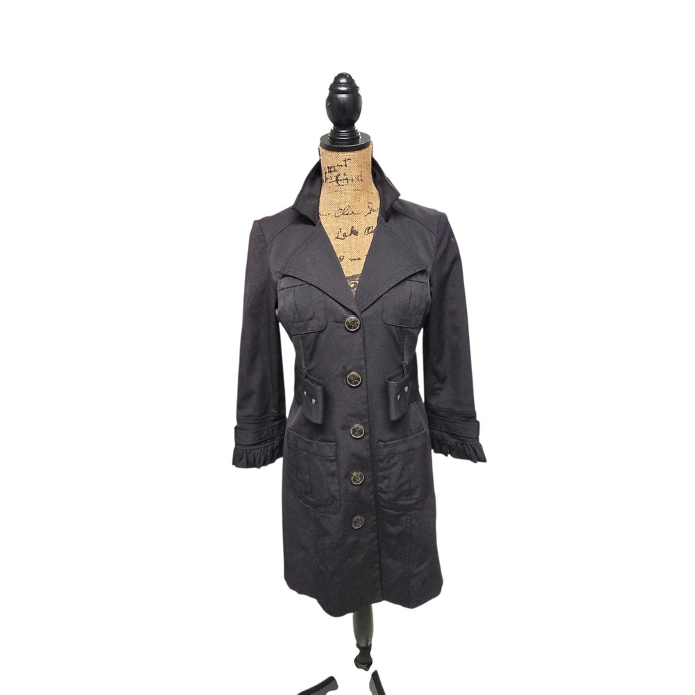 Bebe Utility Trench Coat XS Midi Ruffle Cuff w Belt Black Vtg Y2K Military Chic